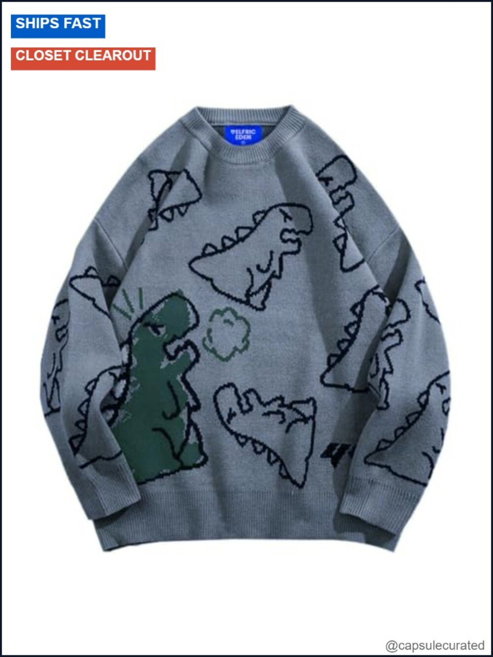Oversized Unisex Knit Pullover Sweater with Dinosaur Graphic